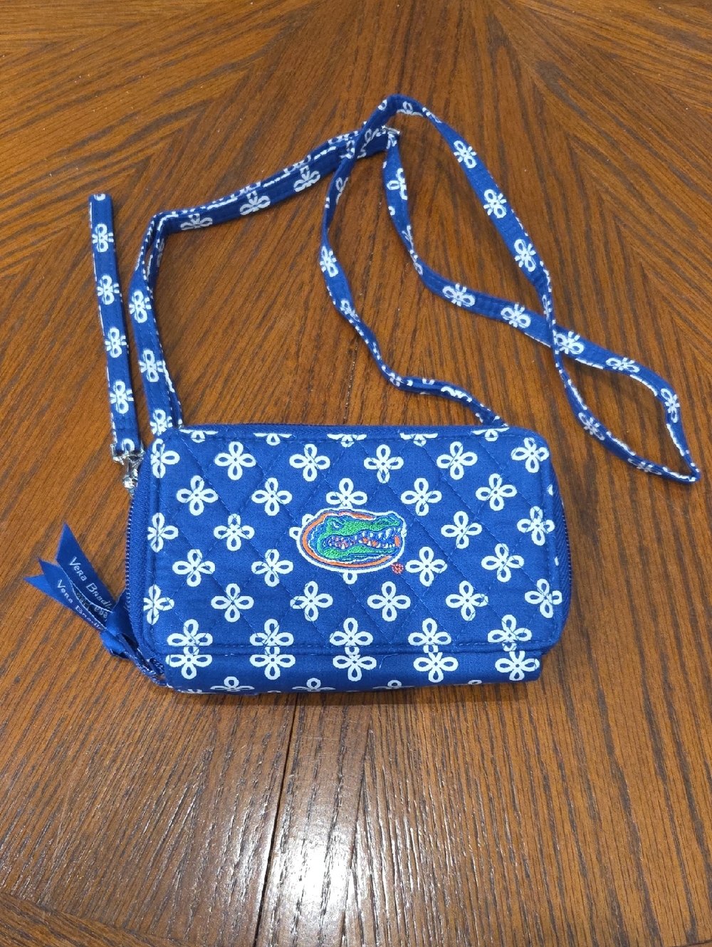 Vera Bradley Blue Quilted Crossbody with White Floral Print and Gators Patch